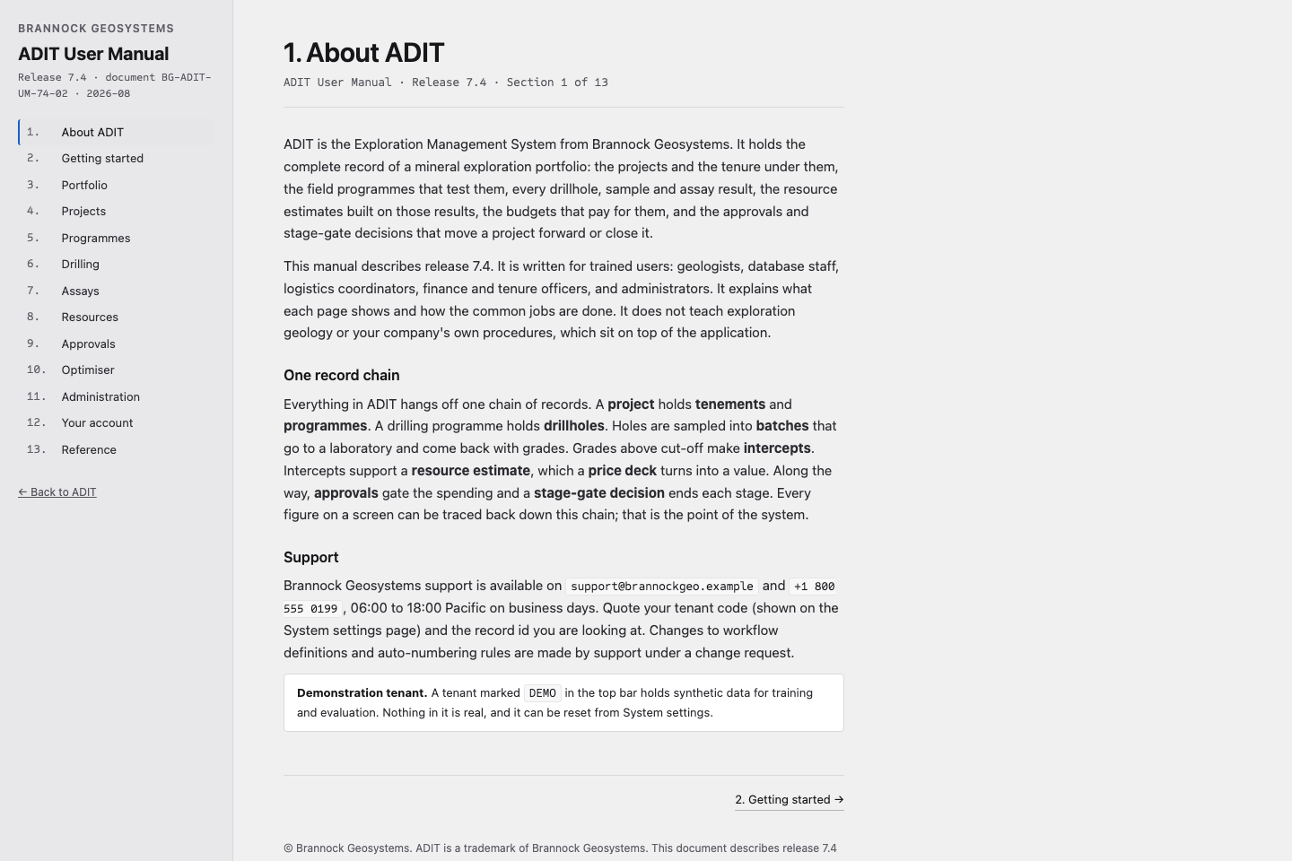 The ADIT user manual, section 1 of 13, with a table of contents down the left and a description of the record chain from project to stage-gate decision