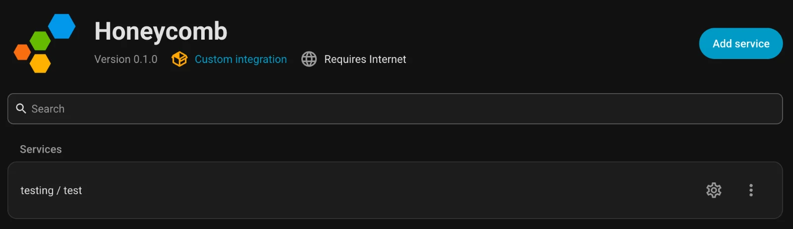 Home Assistant's page for the Honeycomb integration, with Honeycomb's hexagon logo, version 0.1.0, marked as a custom integration, and one service, testing / test.