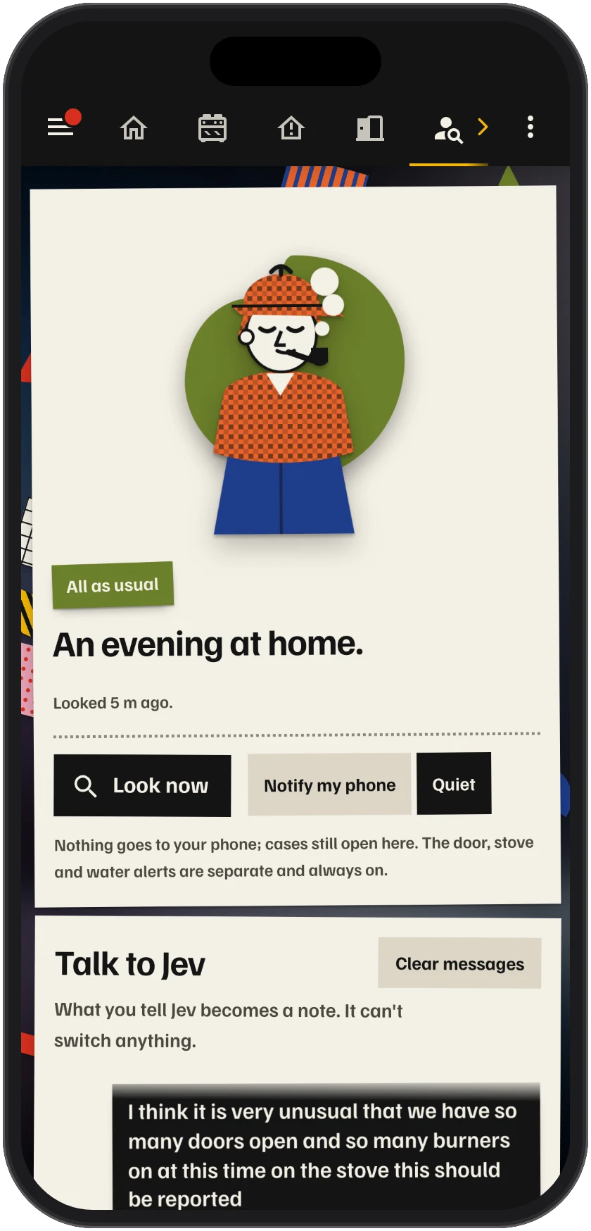 Detective Jev's page in Home Assistant on a phone: a cut-paper Sherlock Holmes smoking a pipe, a green label saying All as usual, and the line An evening at home.