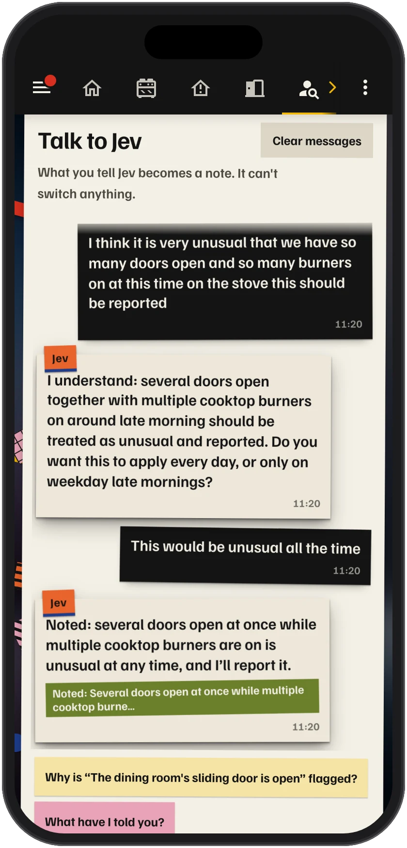 The Talk to Jev part of the page: my message that many doors open and many burners on should be reported, Jev asking whether that applies every day, my answer, and Jev's reply with a green Noted label.
